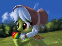 Size: 1024x768 | Tagged: dead source, safe, artist:raikoh, derpibooru import, granny smith, earth pony, pony, apple, female, filly, photoshop, solo, young granny smith, younger, zap apple