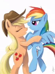 Size: 700x933 | Tagged: safe, artist:raikoh, derpibooru import, applejack, rainbow dash, appledash, female, lesbian, shipping, simple background