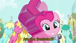 Size: 1280x720 | Tagged: are you frustrated?, bon bon, carrot top, cherry berry, derpibooru import, frustrated, golden harvest, image macro, linky, meme, pinkie pie, safe, sassaflash, shoeshine, smiling, spring melody, sprinkle medley, sweetie drops, text, wat