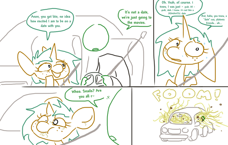 Size: 1002x638 | Tagged: artist:the weaver, car, comic, derpibooru import, driving, human, oc, oc:anon, riding, rule 63, safe, simple background, snails, spaghetti, spice, sweat, vomit, white background