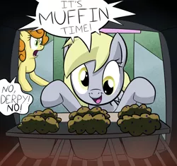 Size: 1000x940 | Tagged: safe, artist:lamia, derpibooru import, carrot top, derpy hooves, golden harvest, pegasus, pony, exploitable meme, female, goofy time, imminent darwin award, mare, meme, muffin, oven, phineas and ferb, that pony sure does love muffins, this will end in tears, too dumb to live