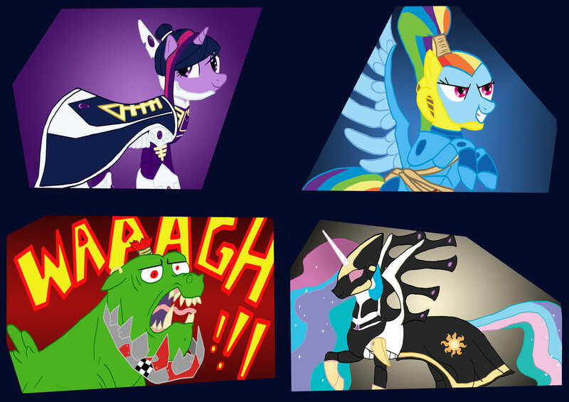 Size: 1024x725 | Tagged: alaitoc, bulk biceps, crossover, derpibooru import, eldar, farseer, ork, princess celestia, rainbow dash, safe, swooping hawk, twilight sparkle, ulthwe, waaagh!, warhammer 40k, warhammer (game)