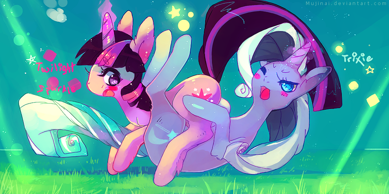 Size: 1000x500 | Tagged: suggestive, artist:mujinai, derpibooru import, trixie, twilight sparkle, pony, unicorn, 69 position, ambiguous penetration, blushing, female, lesbian, oral, sex, shipping, twixie