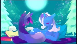 Size: 1024x587 | Tagged: safe, artist:mujinai, derpibooru import, trixie, twilight sparkle, book, eyes closed, female, lesbian, moon, shipping, tree, twixie