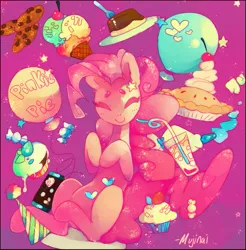 Size: 835x850 | Tagged: artist:mujinai, candy, derpibooru import, food, pinkie pie, safe, solo, surreal, suspended, thick eyebrows