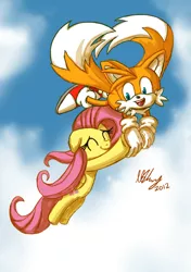 Size: 1748x2480 | Tagged: artist:projectzuel, crossover, crossover shipping, derpibooru import, female, fluttershy, fluttertails, interspecies, male, miles "tails" prower, safe, shipping, sonic the hedgehog (series), straight