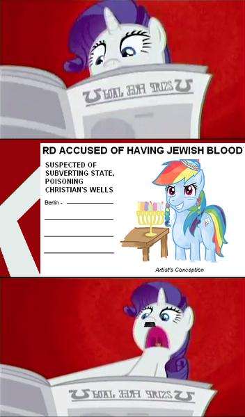 Size: 473x807 | Tagged: safe, artist:elegantmisreader, artist:ponyflea, banned from derpibooru, deleted from derpibooru, derpibooru import, edit, edited screencap, screencap, rainbow dash, rarity, pony, unicorn, ponyville confidential, adolf hitler, antisemitism, female, i'll destroy her, image, jew, judaism, mare, meme, nazi, newspaper, png, racism