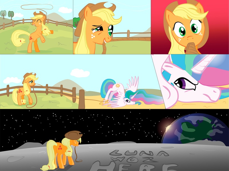 Size: 4168x3120 | Tagged: safe, artist:parallaxmlp, derpibooru import, applejack, princess celestia, alicorn, earth pony, pony, banished, comic, female, lasso, mare, moon, mouth hold, photoshop, rope