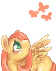 Size: 1080x1368 | Tagged: safe, artist:fyrecalla, derpibooru import, fluttershy, butterfly, pegasus, pony, cutie mark, female, looking at something, looking up, mare, open mouth, simple background, solo, spread wings, white background, wings