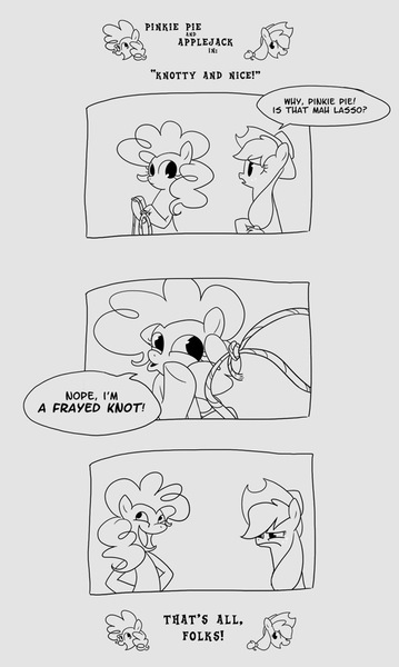 Size: 647x1082 | Tagged: applejack, artist:egophiliac, comic, derpibooru import, joke, monochrome, pinkie pie, pun, safe