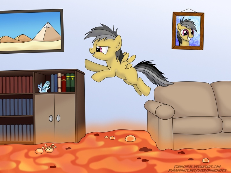 Size: 1200x900 | Tagged: safe, artist:finnishfox, derpibooru import, daring do, pegasus, pony, cute, daring dorable, female, filly, framed picture, imagination, lava, photoshop elements, picture frame, playing, pyramid, solo, soul gem, surreal, the floor is lava, younger