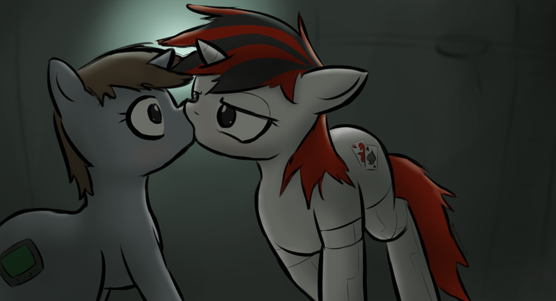 Size: 1328x719 | Tagged: safe, artist:johnnoz, derpibooru import, oc, oc:blackjack, oc:littlepip, unofficial characters only, cyborg, pony, unicorn, fallout equestria, fallout equestria: project horizons, fanfic, fanfic art, female, horn, kissing, lesbian, mare, shipping