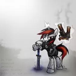 Size: 1280x1280 | Tagged: safe, artist:fore-trekker, derpibooru import, oc, oc:blackjack, unofficial characters only, cyborg, pony, unicorn, fallout equestria, fallout equestria: project horizons, fanfic, fanfic art, female, glowing horn, gun, handgun, hooves, horn, level 1 (project horizons), levitation, magic, mare, plot, queen whiskey, revolver, solo, sword, telekinesis, text, weapon