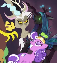 Size: 390x436 | Tagged: artist:solanxpsychopathic, changeling, changeling queen, derpibooru import, discord, female, queen chrysalis, safe, screwball