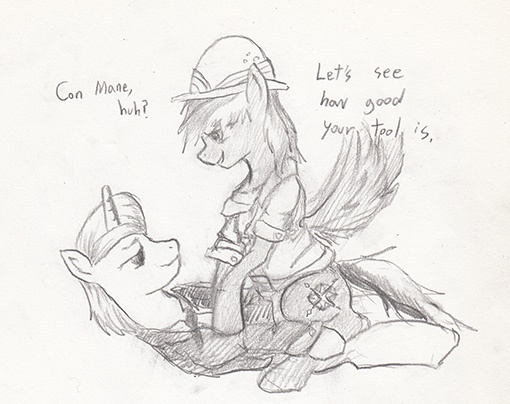 Size: 510x404 | Tagged: suggestive, artist:lyun, derpibooru import, con mane, daring do, donut joe, pegasus, unicorn, daringmane, female, male, mare, shipping, stallion, straight, traditional art, trash can