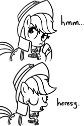 Size: 763x1140 | Tagged: applejack, artist:miketheuser, comic, crossover, derpibooru import, dialogue, heresy, imperium, inquisition, inquisitor, monochrome, reaction image, safe, simple background, warhammer 40k, warhammer (game), white background