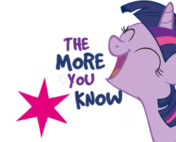 Size: 499x403 | Tagged: bust, derpibooru import, eyes closed, happy, reaction image, safe, simple background, smiling, solo, stars, text, the more you know, twilight sparkle