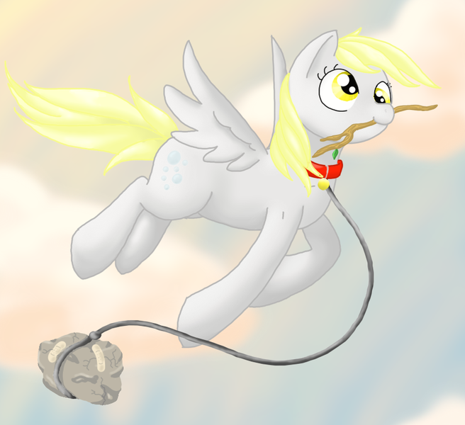 Size: 820x750 | Tagged: safe, artist:textris92, derpibooru import, derpy hooves, pegasus, pony, collar, female, flying, leash, mare, mouth hold, pet, pet tag, rock, solo, stick