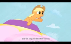 Size: 1024x640 | Tagged: adolf hitler, applejack, derpibooru import, safe, screencap, solo, the return of harmony, youtube caption