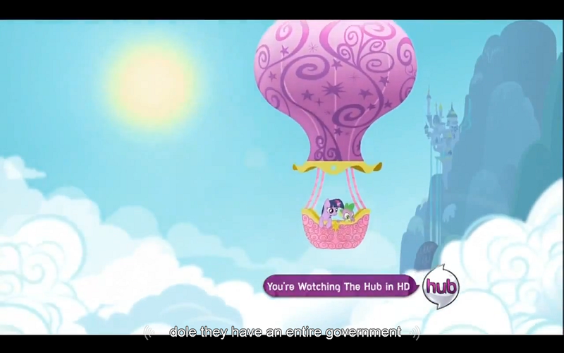 Size: 1024x640 | Tagged: caption, derpibooru import, edit, edited screencap, hot air balloon, hub logo, intro, lesson zero, opening, safe, screencap, spike, twilight sparkle, youtube caption