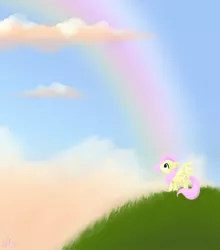 Size: 1200x1361 | Tagged: safe, artist:macflash2, derpibooru import, fluttershy, pegasus, pony, female, grass, looking up, mare, outdoors, profile, rainbow, sky, solo, spread wings, wings