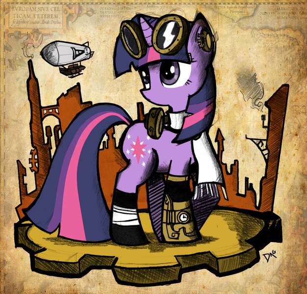 Size: 1793x1719 | Tagged: dead source, safe, artist:dagmlp, derpibooru import, twilight sparkle, pony, unicorn, clothes, female, goggles, head turn, mare, scarf, solo, standing, steampunk, three quarter view, unicorn twilight, white scarf