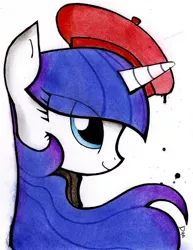 Size: 2556x3305 | Tagged: artist:dagmlp, beatnik rarity, beret, clothes, derpibooru import, hat, high res, rarity, safe, solo, traditional art