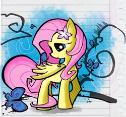 Size: 1145x1064 | Tagged: dead source, safe, artist:dagmlp, derpibooru import, fluttershy, butterfly, pegasus, pony, abstract background, female, flower, flower in hair, head turn, looking at something, mare, one wing out, sitting on wing, smiling, solo, three quarter view, wings