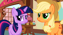 Size: 853x480 | Tagged: animated, applejack, derpibooru import, duo, looking at each other, loop, safe, screencap, sugarcube corner, the mysterious mare do well, twilight sparkle
