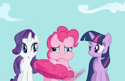 Size: 470x305 | Tagged: animated, cartoon physics, derpibooru import, loop, pinkie being pinkie, pinkie physics, pinkie pie, puffy cheeks, rarity, read it and weep, safe, screencap, spinning, twilight sparkle