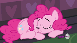 Size: 768x432 | Tagged: safe, derpibooru import, screencap, pinkie pie, earth pony, pony, mmmystery on the friendship express, animated, behaving like a cat, behaving like a dog, cute, diapinkes, ear scratch, female, horses doing horse things, hub logo, lidded eyes, mare, open mouth, prone, puppy pie, scratching, sleeping, sleepy, snoring, solo