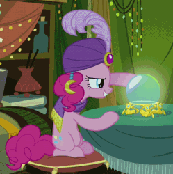 Size: 433x435 | Tagged: animated, cropped, crystal ball, derpibooru import, fortune teller, it's about time, loop, madame pinkie, pinkie pie, safe, screencap, solo, turban