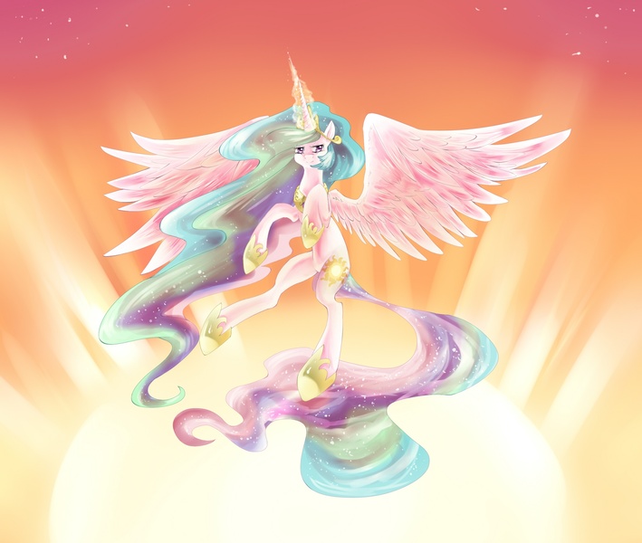 Size: 2600x2200 | Tagged: safe, artist:dream--chan, derpibooru import, princess celestia, alicorn, pony, female, high res, magic, smiling, solo, sun work, sunrise