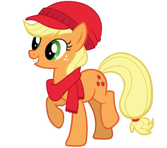 Size: 789x700 | Tagged: applejack, clothes, derpibooru import, hat, official, raised hoof, safe, scarf, simple background, solo, vector, winter