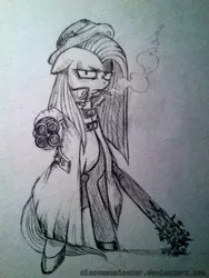Size: 600x800 | Tagged: dead source, safe, artist:discommunicator, derpibooru import, pinkie pie, earth pony, pony, semi-anthro, cigarette, clothes, club, coat, female, floppy ears, frown, gun, mare, monochrome, pinkamena diane pie, smoking, solo, standing, traditional art, weapon