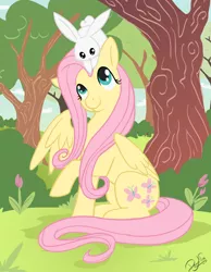 Size: 1300x1677 | Tagged: angelbetes, angel bunny, artist:dawnallies, cute, derpibooru import, fluttershy, looking at each other, pet, riding on head, safe, shyabetes