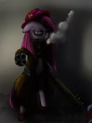 Size: 800x1067 | Tagged: dead source, safe, artist:bluehaakon, artist:discommunicator, derpibooru import, pinkie pie, earth pony, pony, semi-anthro, cigarette, clothes, club, coat, female, floppy ears, frown, gun, looking at you, mare, photoshop, pinkamena diane pie, smoking, solo, standing, weapon