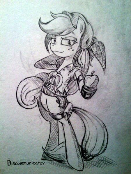 Size: 600x800 | Tagged: dead source, safe, artist:discommunicator, derpibooru import, applejack, earth pony, pony, semi-anthro, apple, clothes, costume, female, mare, monochrome, smiling, solo, standing, traditional art