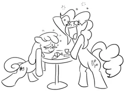 Size: 1096x797 | Tagged: dead source, safe, artist:shoutingisfun, derpibooru import, berry punch, berryshine, pinkie pie, earth pony, pony, alcohol, drunk, drunkie pie, duo, duo female, female, mare, monochrome