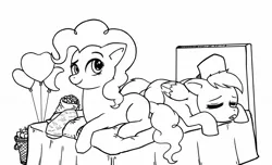 Size: 1600x971 | Tagged: safe, artist:raph13th, derpibooru import, pinkie pie, rainbow dash, earth pony, pegasus, pony, balloon, bed, black and white, cast, female, grayscale, lesbian, lineart, looking at you, mare, missing cutie mark, monochrome, nurse, on bed, pinkiedash, prone, shipping, simple background, sleeping, white background