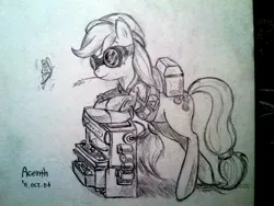 Size: 800x600 | Tagged: dead source, safe, artist:discommunicator, derpibooru import, applejack, butterfly, earth pony, pony, bipedal, bipedal leaning, crossover, engineer, female, goggles, leaning, mare, monochrome, solo, team fortress 2, traditional art