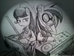 Size: 900x675 | Tagged: artist:discommunicator, bow (instrument), clothes, dead source, derpibooru import, ear piercing, earring, female, jewelry, mare, monochrome, octavia melody, paint tool sai, piercing, safe, semi-anthro, sunglasses, traditional art, turntable, vinyl scratch