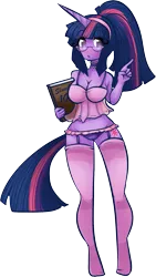 Size: 945x1671 | Tagged: artist:tehbuttercookie, breasts, cleavage, clothes, derpibooru import, female, glasses, horned humanization, humanized, lingerie, panties, pony coloring, stockings, suggestive, tailed humanization, twilight sparkle, underwear, wide hips