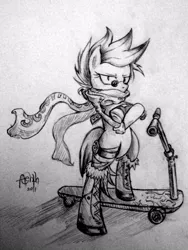 Size: 600x800 | Tagged: dead source, safe, artist:discommunicator, derpibooru import, scootaloo, pegasus, pony, bipedal, boots, clothes, costume, crossed hooves, female, filly, glasses, monochrome, paint tool sai, scarf, scooter, solo, sunglasses, traditional art