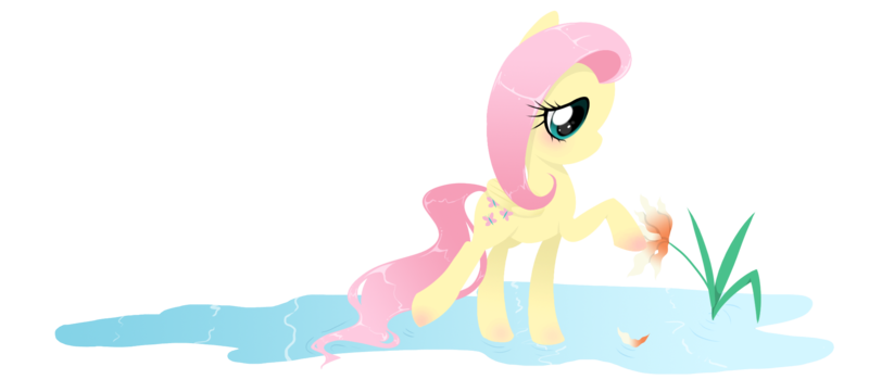 Size: 1996x900 | Tagged: safe, artist:steffy-beff, derpibooru import, fluttershy, pegasus, pony, female, flower, folded wings, looking at something, mare, profile, raised hoof, reaching, simple background, solo, transparent background, water, wings