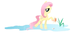 Size: 1996x900 | Tagged: safe, artist:steffy-beff, derpibooru import, fluttershy, pegasus, pony, female, flower, folded wings, looking at something, mare, profile, raised hoof, reaching, simple background, solo, transparent background, water, wings