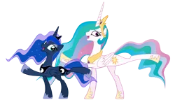 Size: 2500x1428 | Tagged: artist:stealthedge, awesome face, cute, dancing, derpibooru import, looking at you, open mouth, princess celestia, princess luna, raised hoof, raised leg, safe, simple background, smiling, transparent background, vector