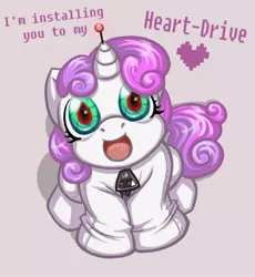Size: 1008x1095 | Tagged: safe, artist:melle-d, derpibooru import, sweetie belle, pony, robot, robot pony, unicorn, friendship is witchcraft, cute, diasweetes, female, filly, foal, hooves, horn, looking at you, open mouth, simple background, sitting, solo, sweetie bot, text