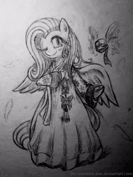 Size: 600x800 | Tagged: dead source, safe, artist:discommunicator, derpibooru import, fluttershy, parasprite, pegasus, pony, bipedal, clothes, dress, female, grayscale, hanbok, mare, monochrome, paint tool sai, traditional art, wink