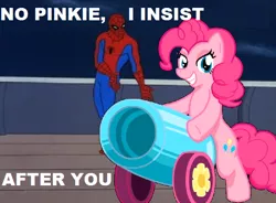 Size: 600x441 | Tagged: 60s spider-man, cannon penis, derpibooru import, meme, party cannon, pinkie pie, safe, spider-man